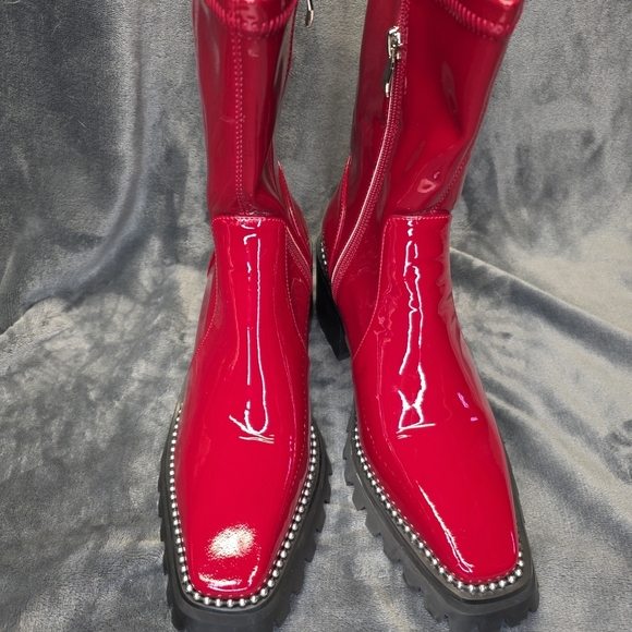 Lattelier Womens Shiny Ruby Red Leather Rhinestone Silver Boots. 38 (10 Usa) - Picture 11 of 13